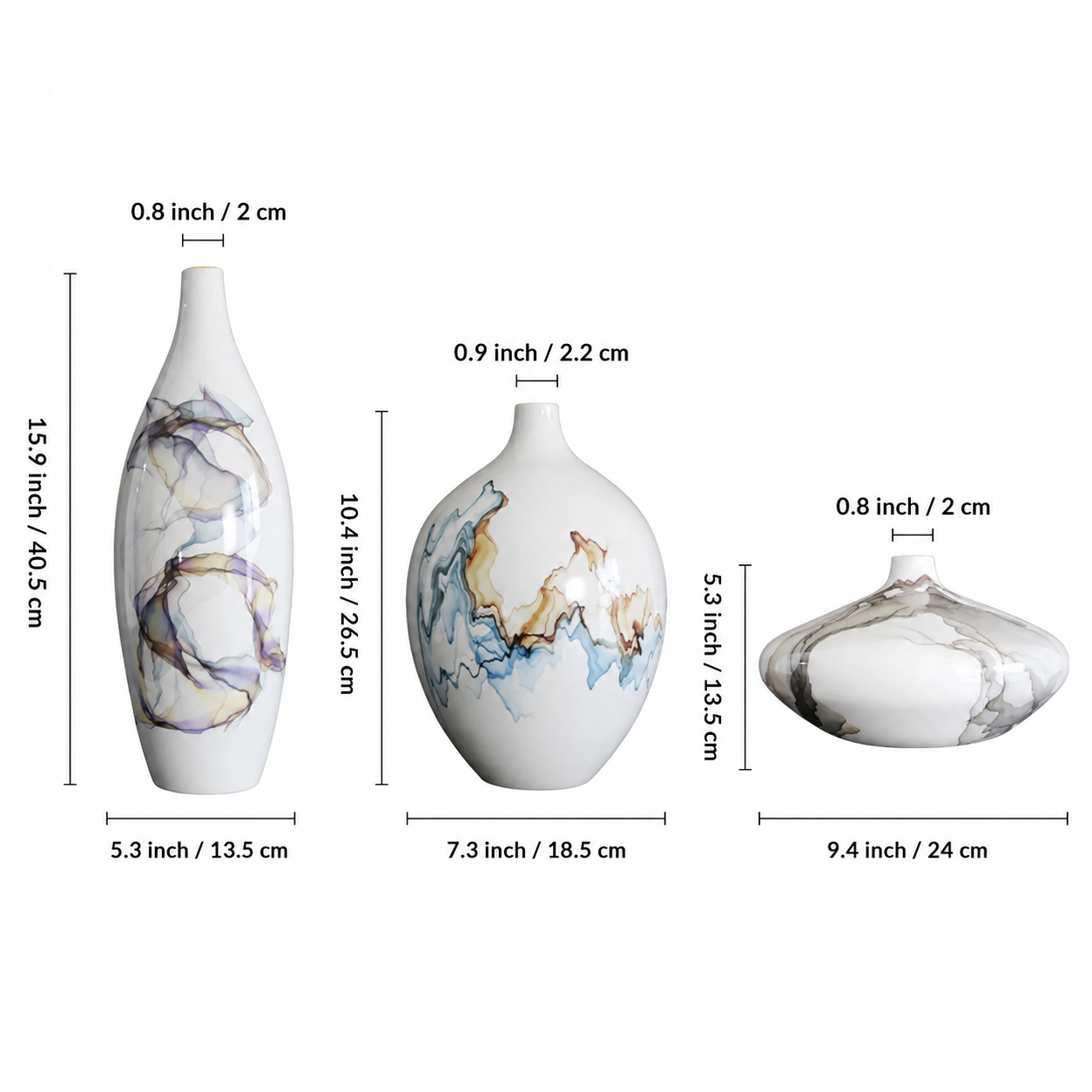 White ceramic vase size guide showing tall round and low wide shape options