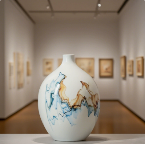 White ceramic vase with abstract glaze displayed in gallery style interior