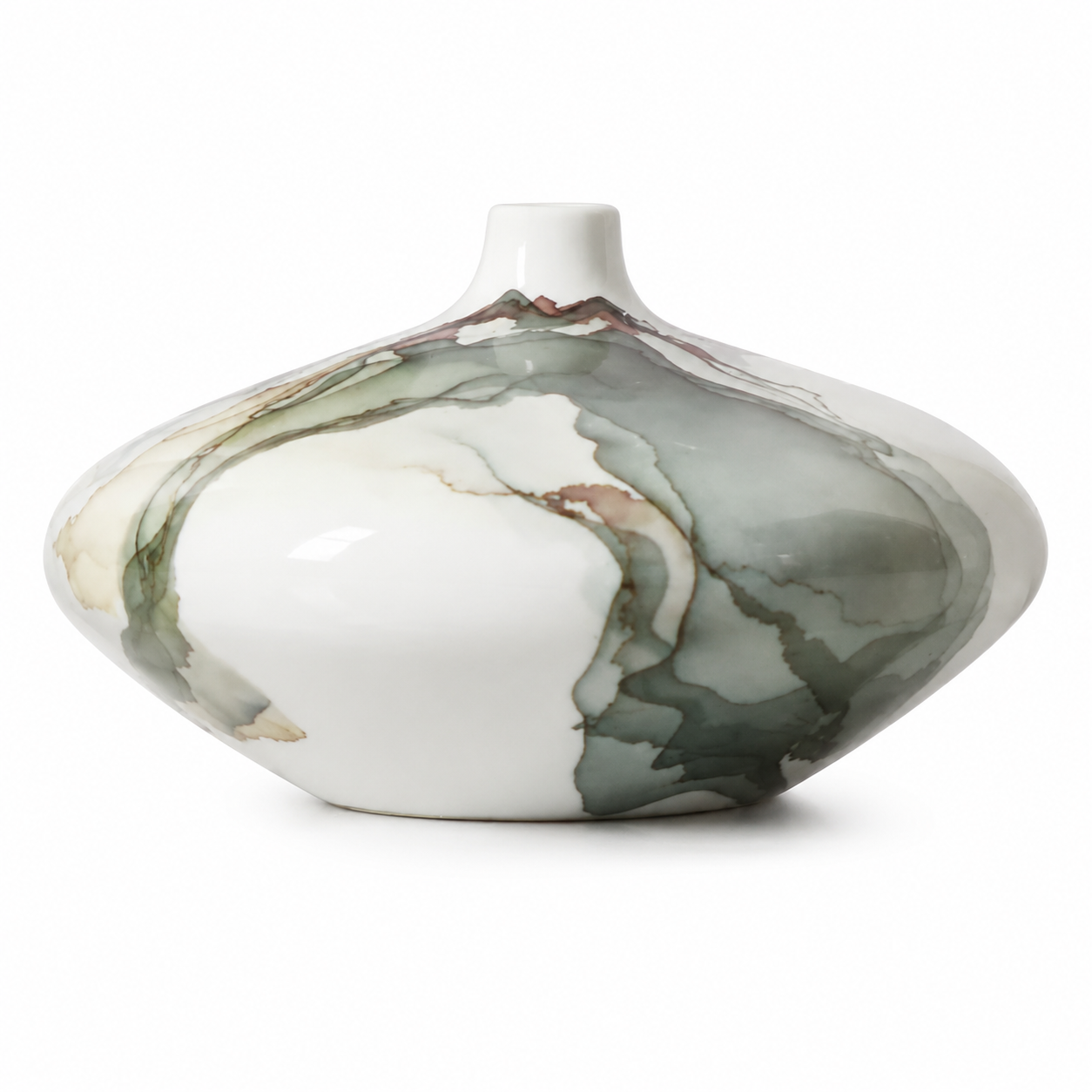 Low wide white ceramic vase with gray abstract glaze for shelf and table decor
