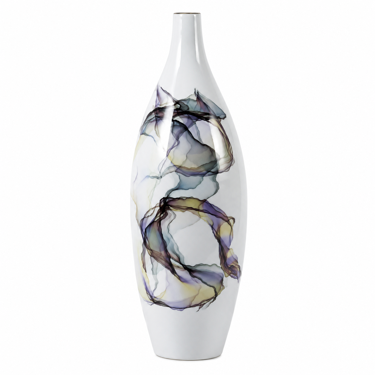 Tall white ceramic vase with abstract blue purple and brown glaze on white background