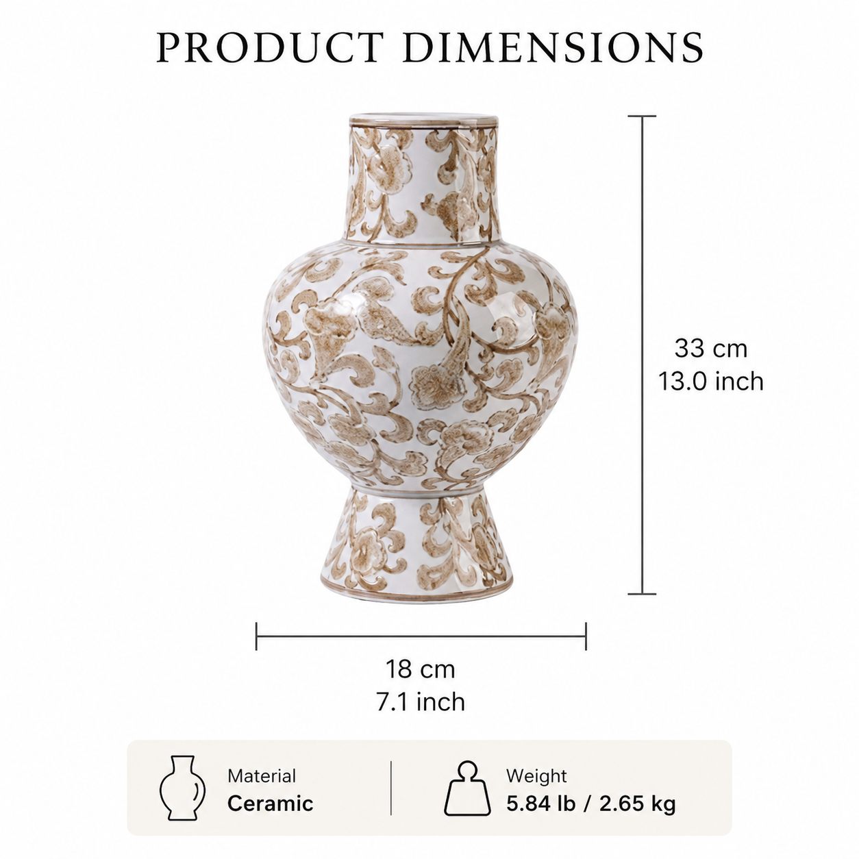 White gold chinoiserie ceramic vase dimensions showing 13 inch height, 7.1 inch width, ceramic material, and 5.84 lb weight