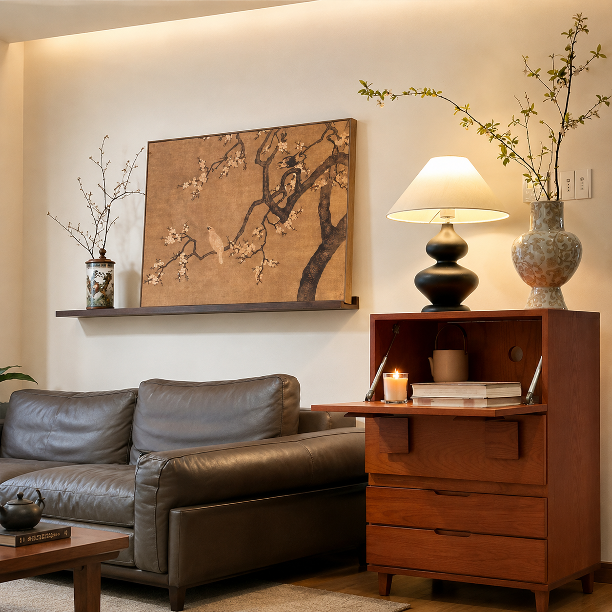 White gold floral ceramic vase styled on a living room cabinet with lamp, wall art, and warm classic decor