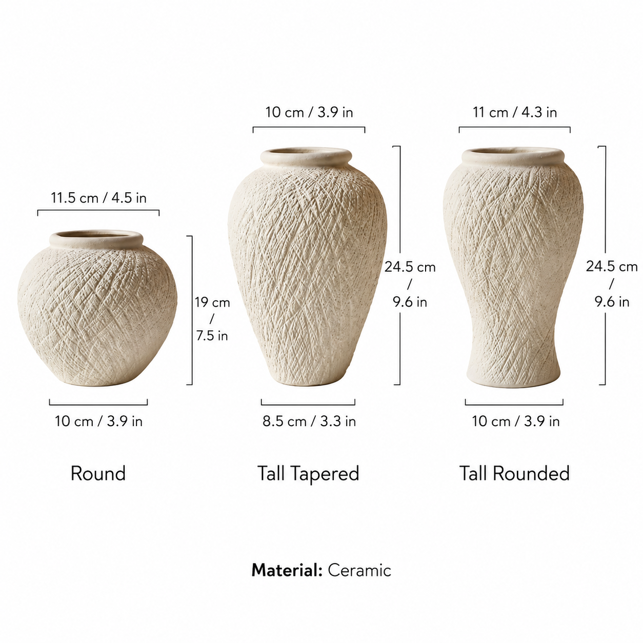 Ivory textured ceramic vase size chart with measurements in inches and centimeters