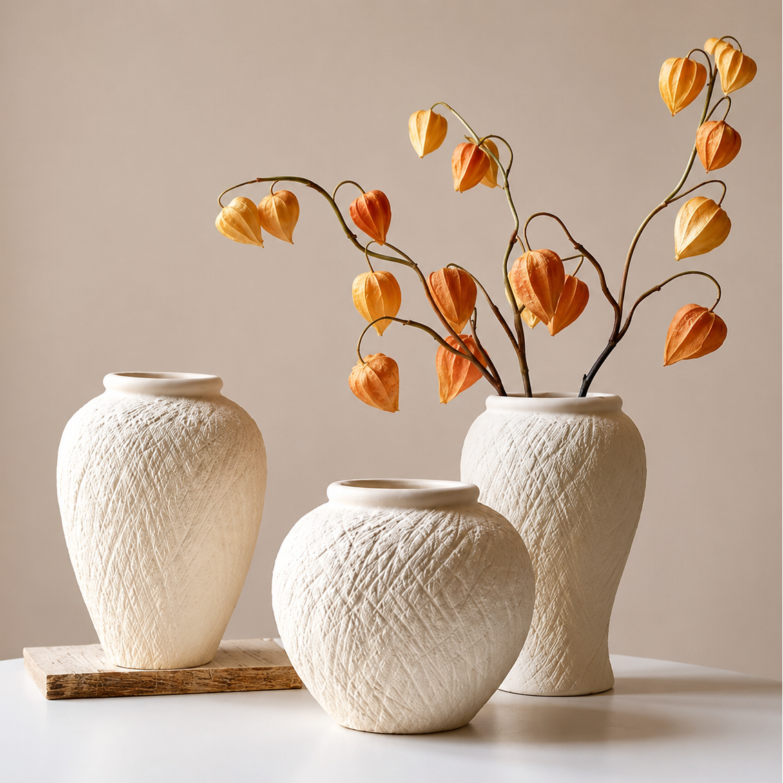 Ivory textured ceramic vase set styled with orange lantern stems in a warm neutral interior