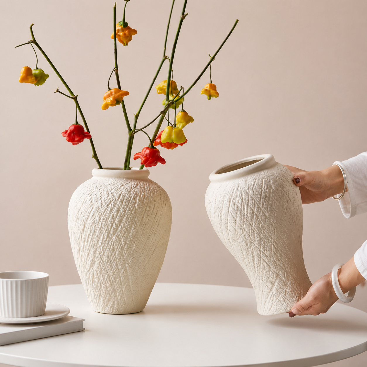 Ivory textured ceramic vases styled with colorful faux stems on a neutral table