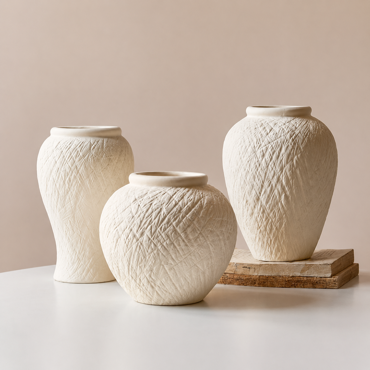 Set of ivory textured ceramic vases in round and tall shapes for modern home decor