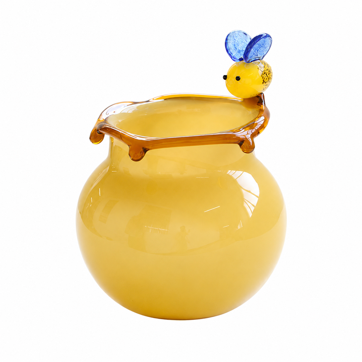 Short round yellow art glass vase with bee accent and glossy honey-colored body