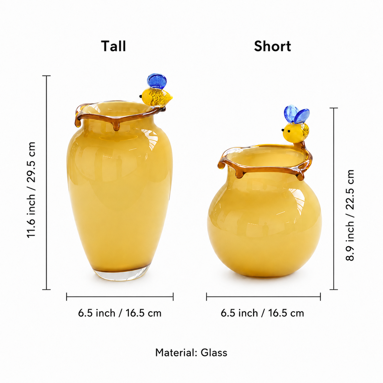 Size chart for tall and short yellow art glass bee accent vases
