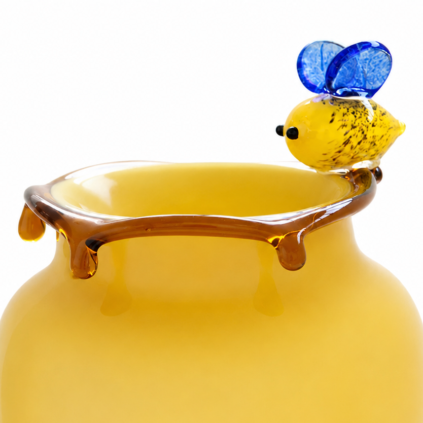 Short yellow glass vase with bee accent, glossy round body, and amber drip rim