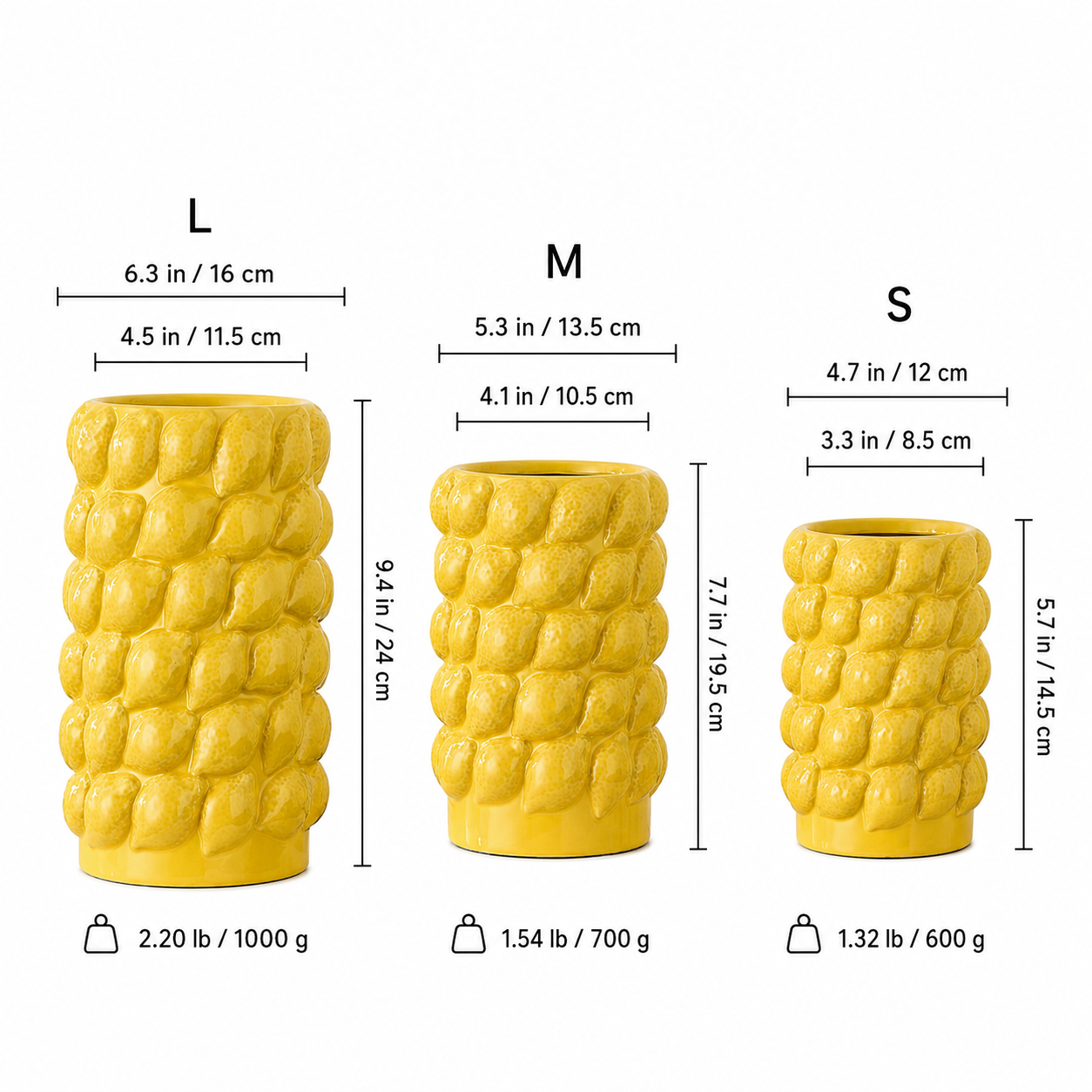Yellow ceramic lemon textured vase size guide showing large medium and small dimensions and weight