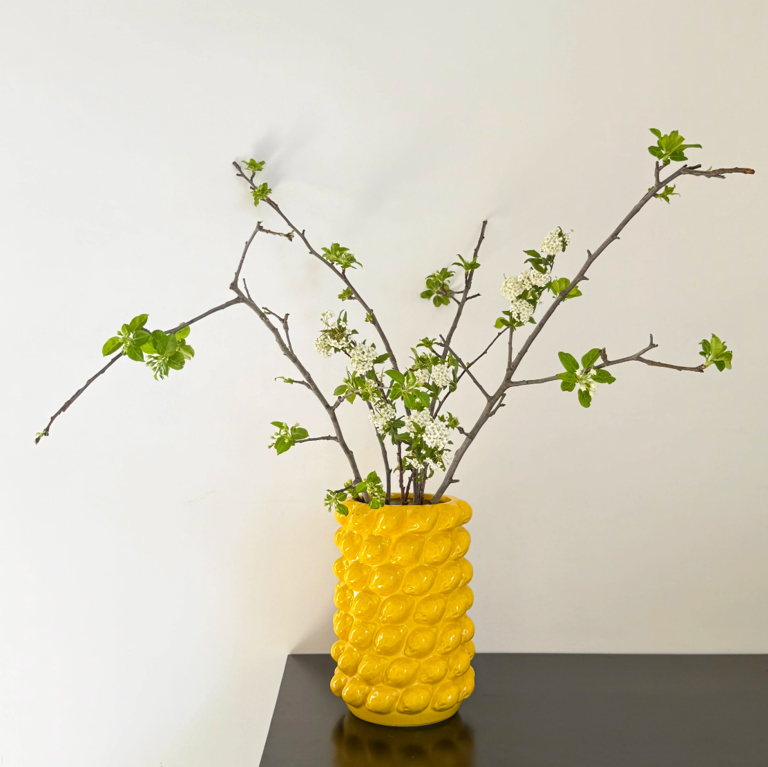 Yellow ceramic lemon textured vase with green spring branches on a black cabinet