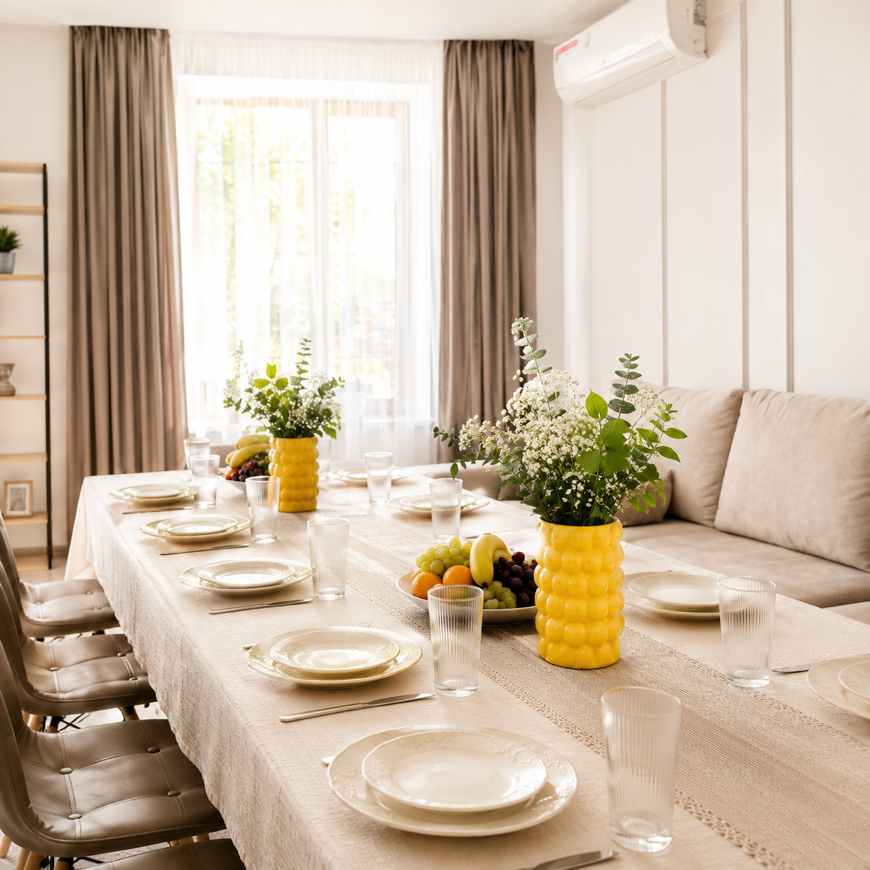 Yellow ceramic lemon textured vases used as dining table centerpieces in a bright modern dining room