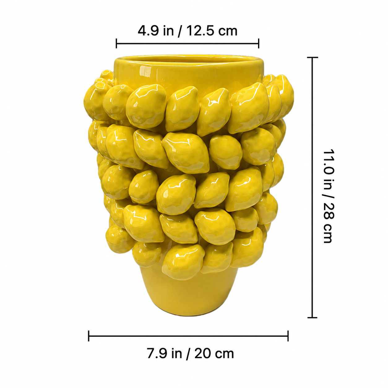 Yellow ceramic lemon vase size chart showing dimensions in inches and centimeters