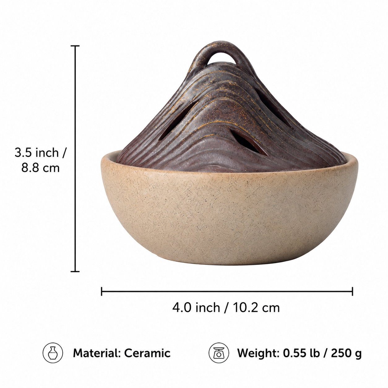 Product size image for ceramic mountain incense burner with material, weight, and dimensions