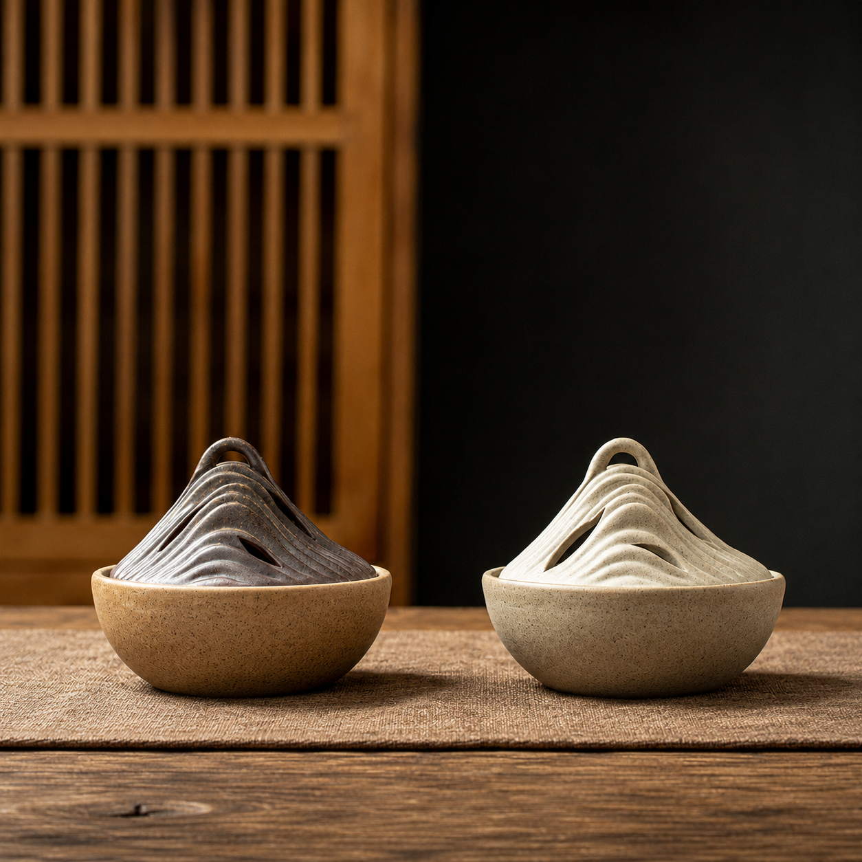 Smoked Brown and Natural Beige ceramic mountain incense burners displayed side by side