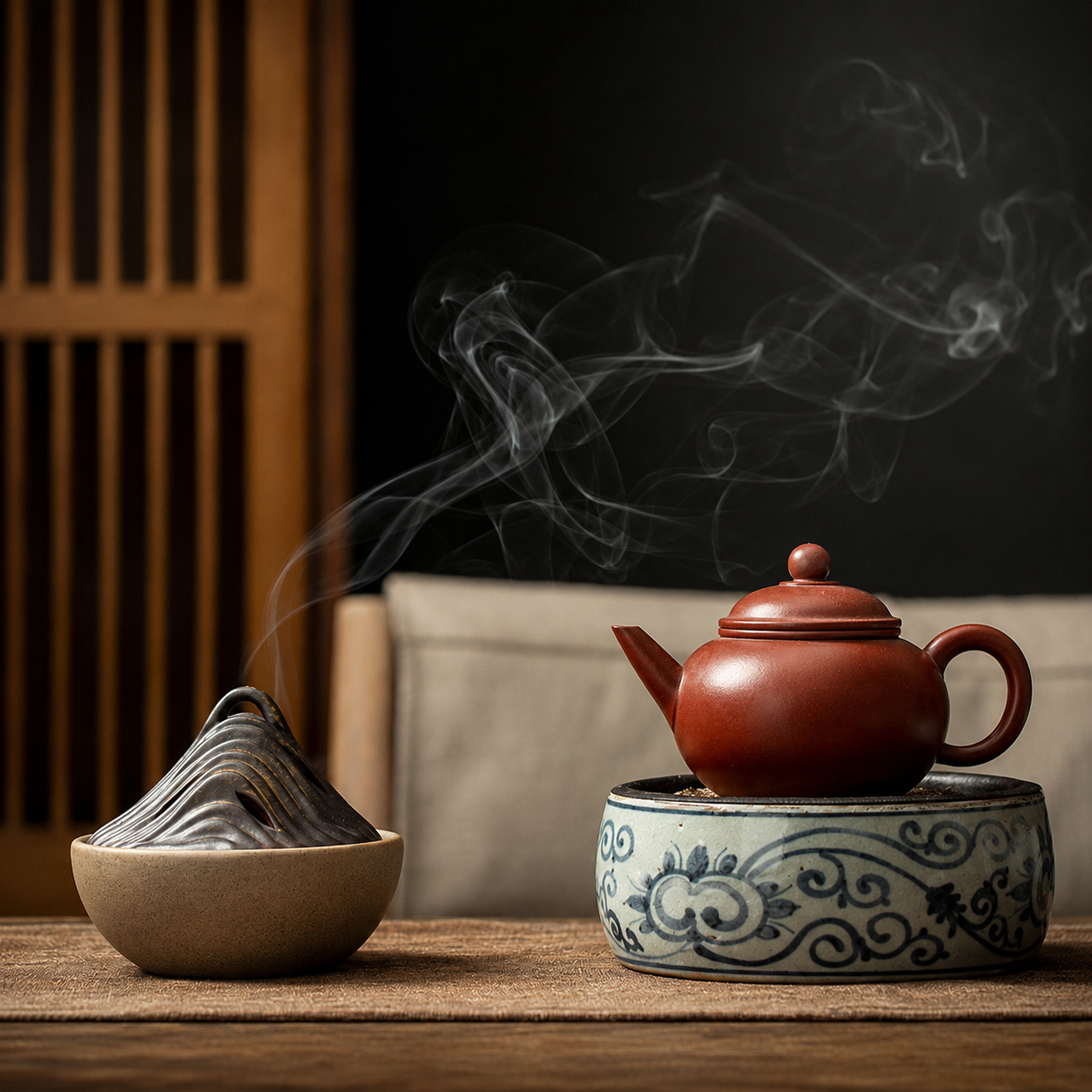 Natural Beige ceramic mountain incense burner close-up on wooden table