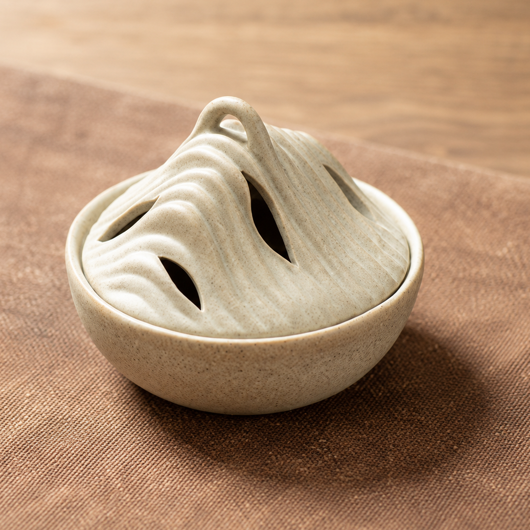 Smoked Brown ceramic mountain incense burner close-up showing ridged lid and smoke openings