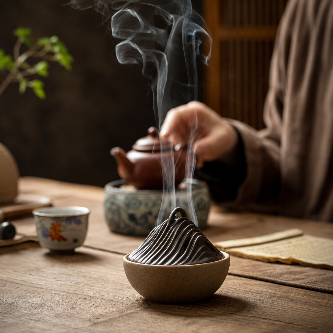 Zen ceramic incense burner with mountain lid and smoke on wooden tea table