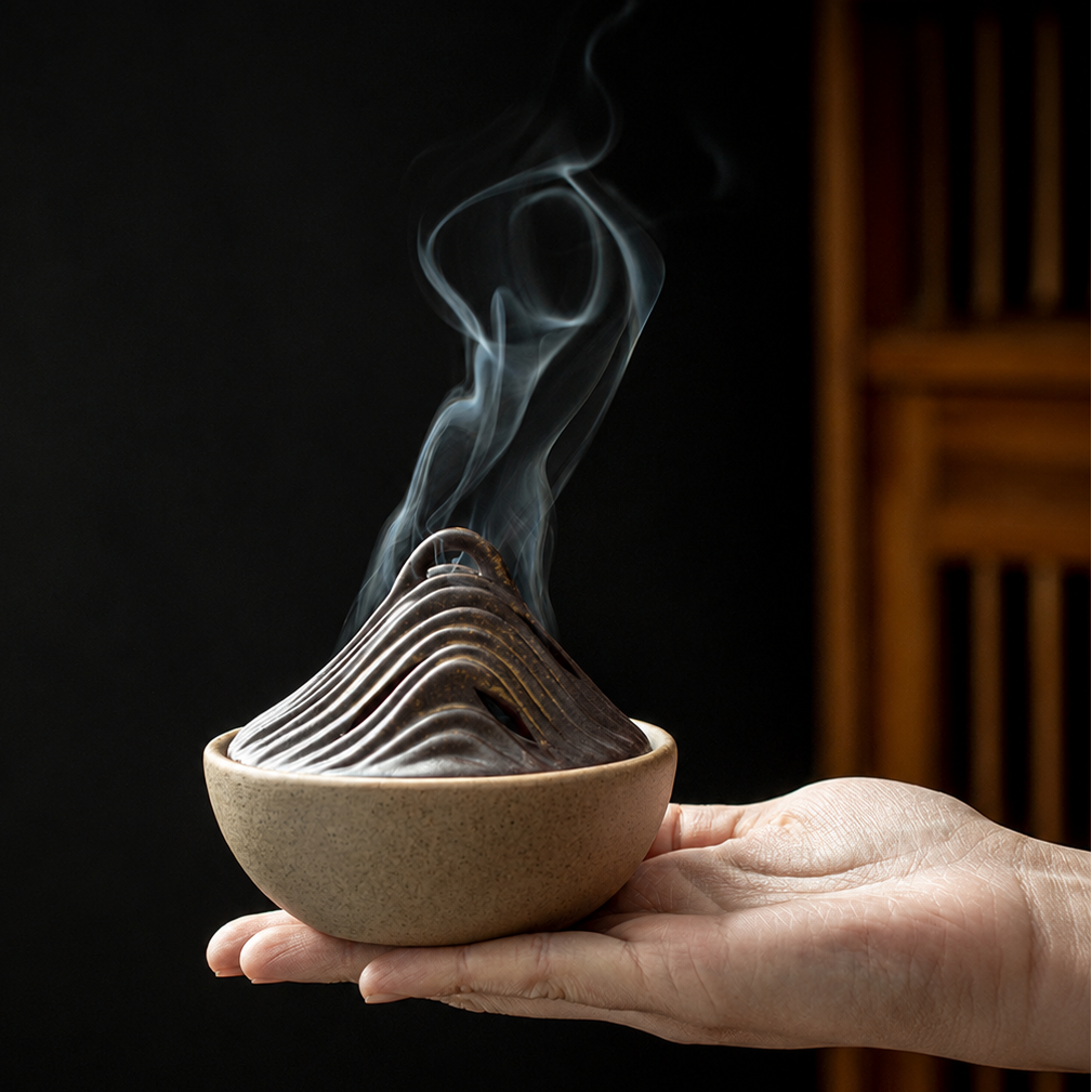 Smoked Brown ceramic incense burner held in hand with smoke rising from mountain lid