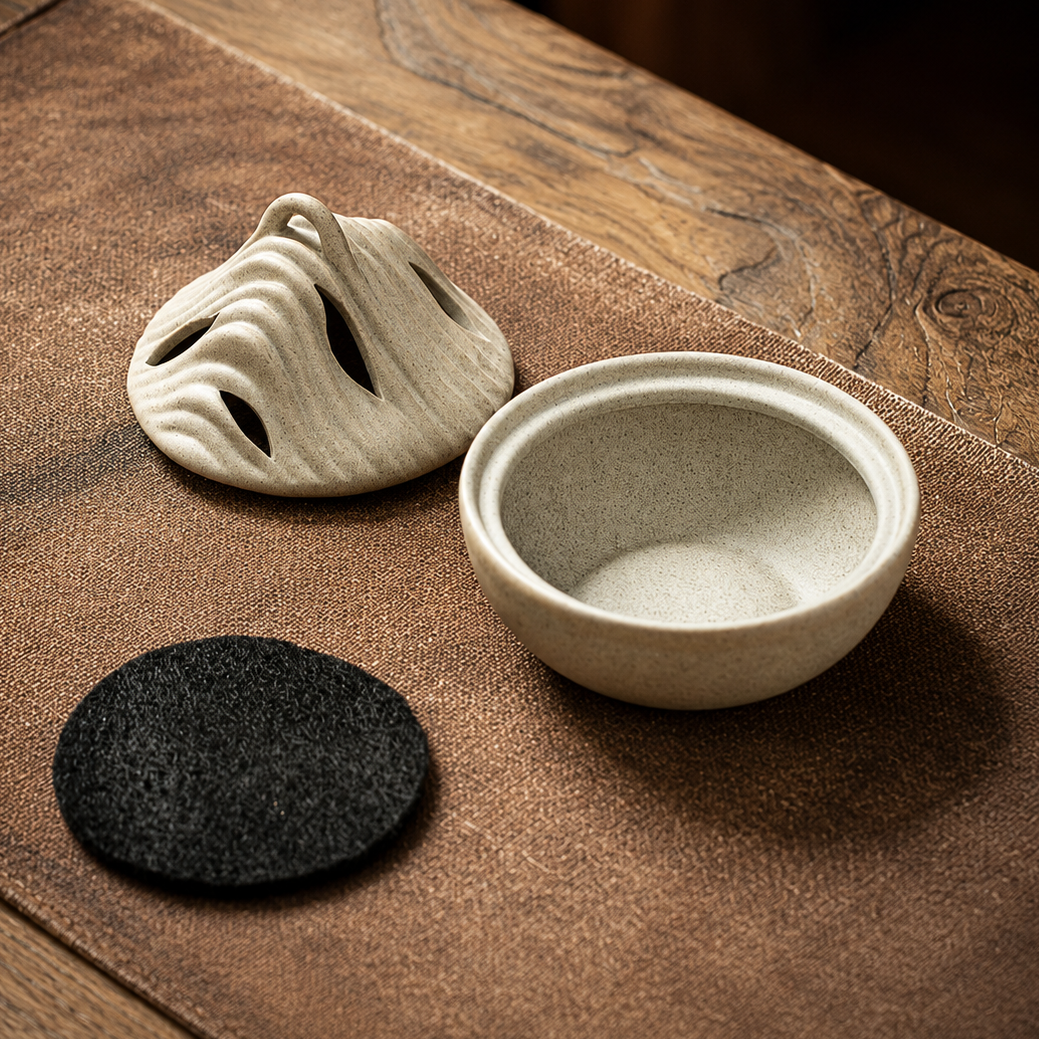 Natural Beige ceramic incense burner with removable mountain lid, bowl base, and fireproof pad