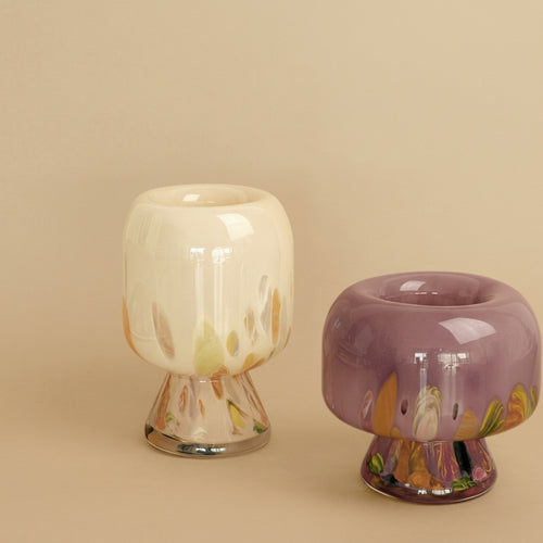 Abstract art glass mushroom vases in cream and purple