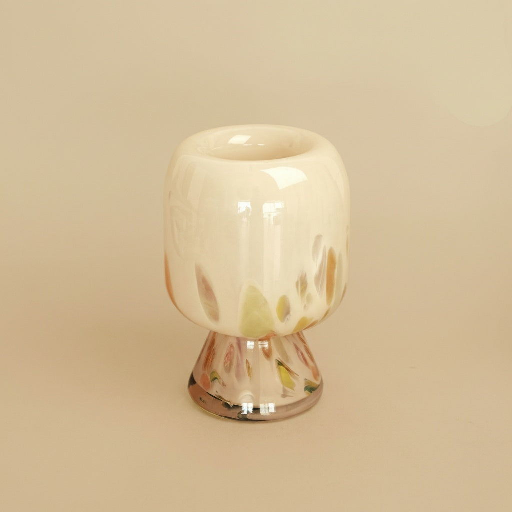 Cream art glass mushroom vase with colorful base