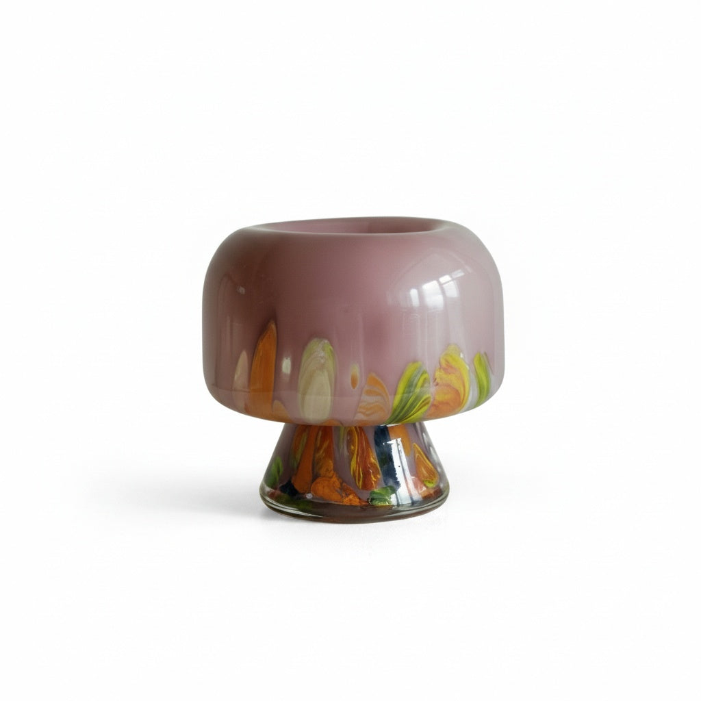 Purple art glass mushroom vase with abstract pattern