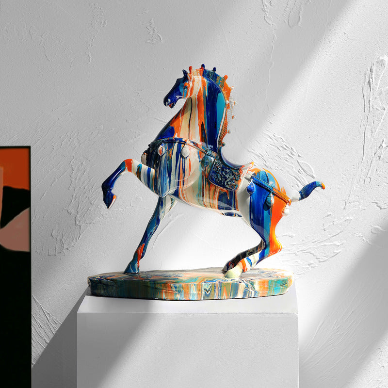 Abstract glazed ceramic rearing horse sculpture side view