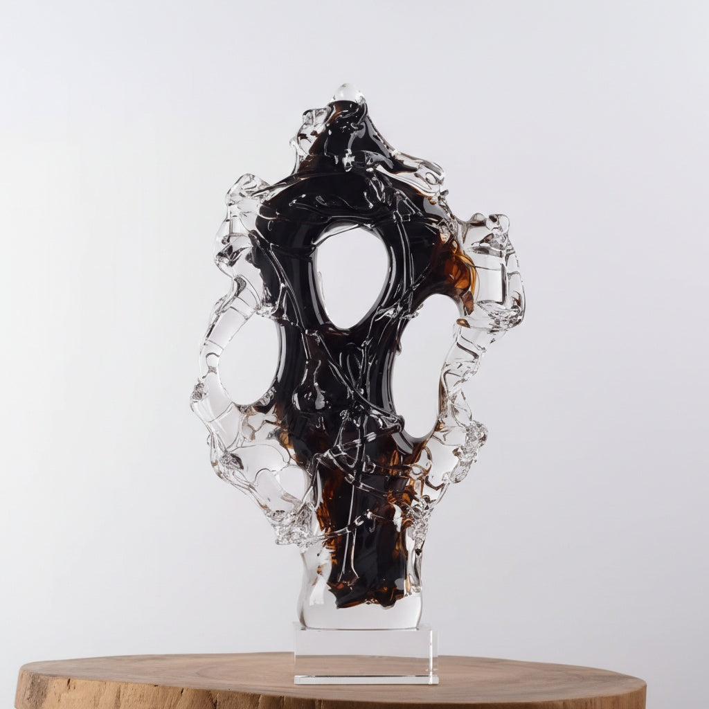 Detailed view of black and amber abstract glass sculpture