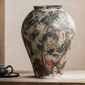 Wabi sabi vintage inspired ceramic vase with abstract earth tone glaze for rustic luxury home decor