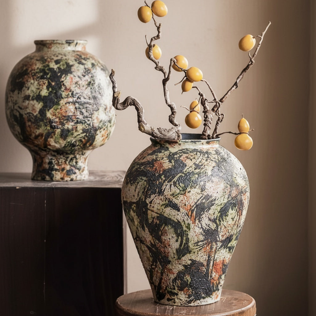 Abstract Glazed Ceramic Baluster Vase with Botanicals