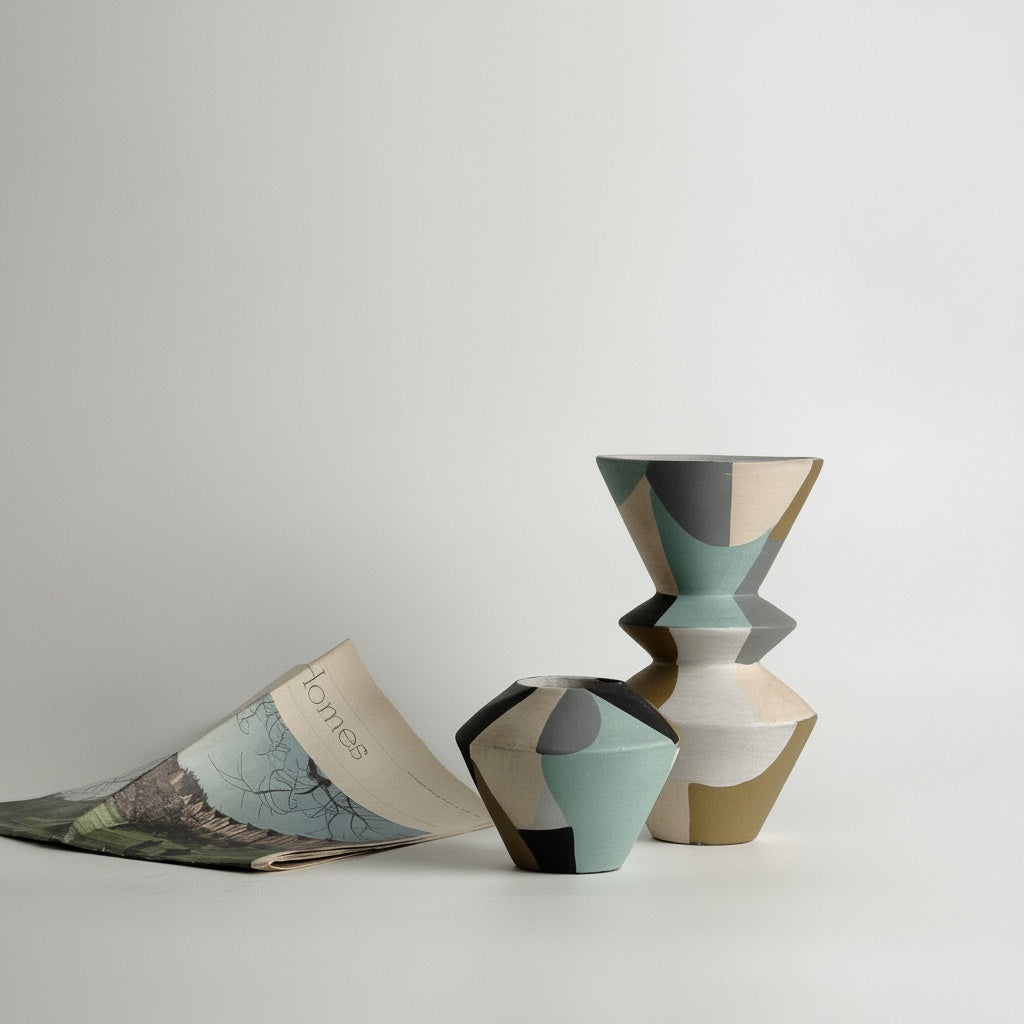 Abstract painted ceramic geometric vases styled with a magazine