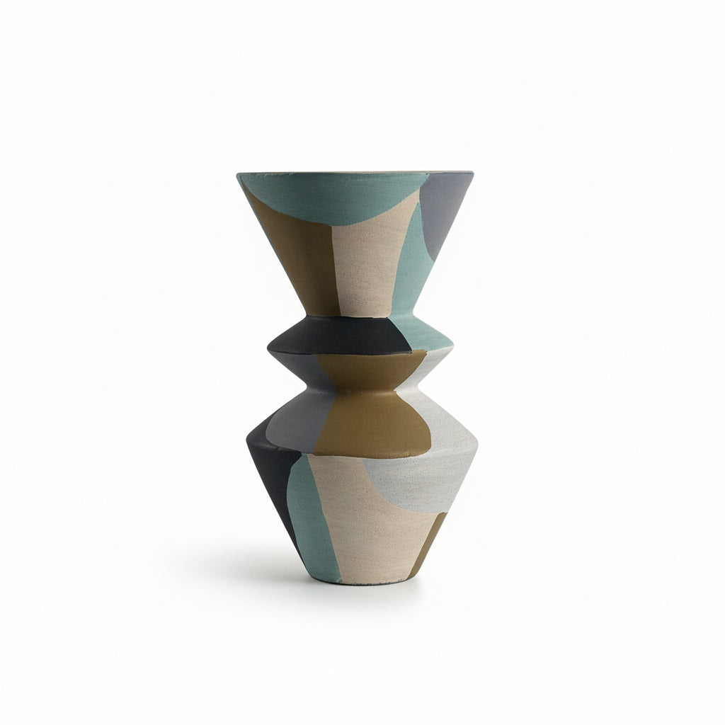 Large tall abstract painted ceramic geometric vase