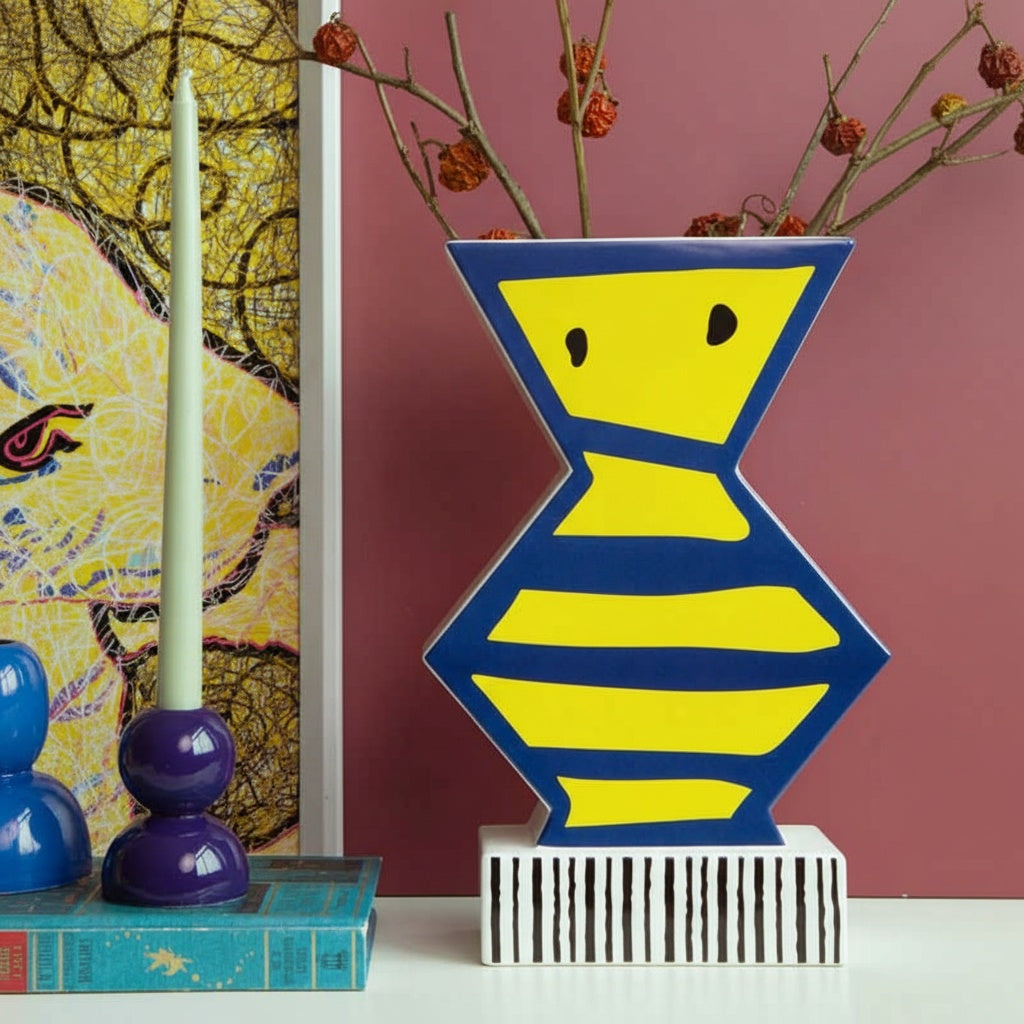 Abstract Patterned Ceramic Vase in Blue and Yellow