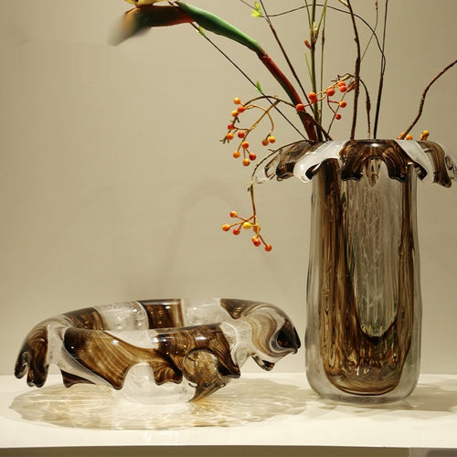 Amber swirl art glass vase and bowl set with ruffled rims