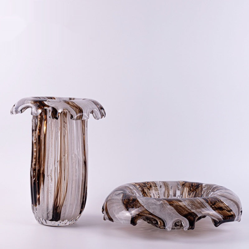 Front view of amber striated glass vase and matching centerpiece bowl
