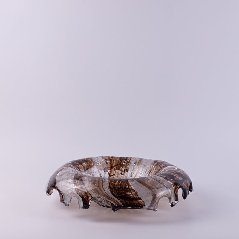 Low wide glass centerpiece bowl with amber patterns