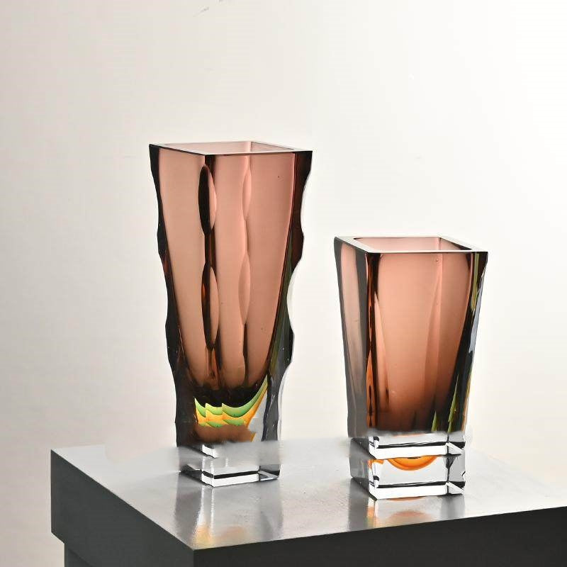 Amber art glass sculptural vases in large and small sizes