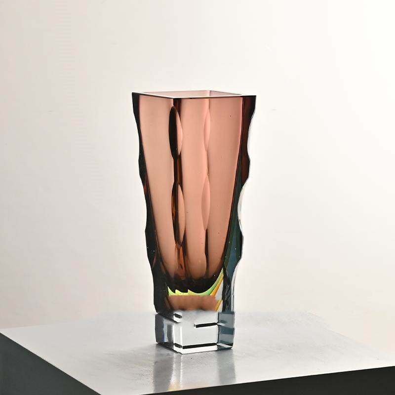 Large amber glass rectangular vase with sculptural sides