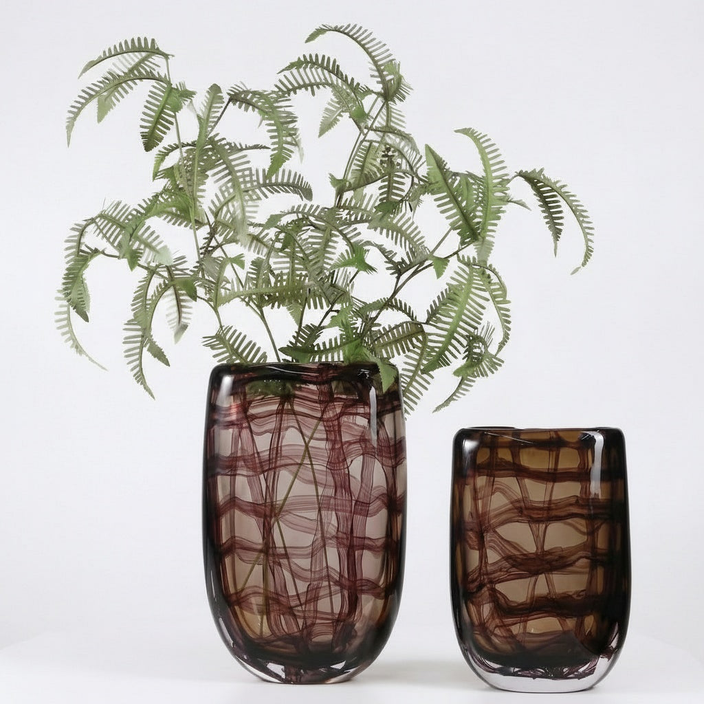 Amber and Aubergine art glass vases in medium and large sizes