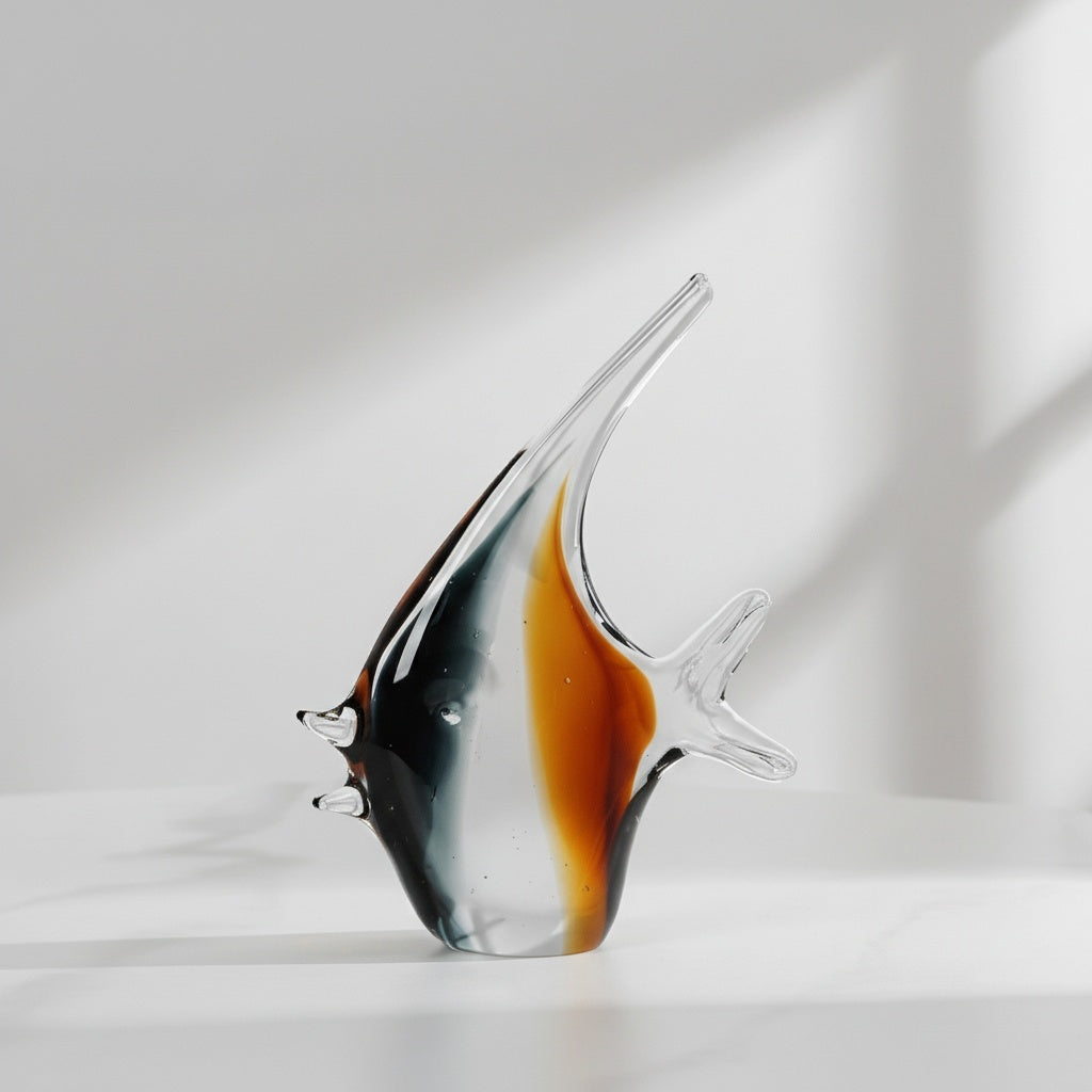 Side view of amber and black art glass angelfish sculpture