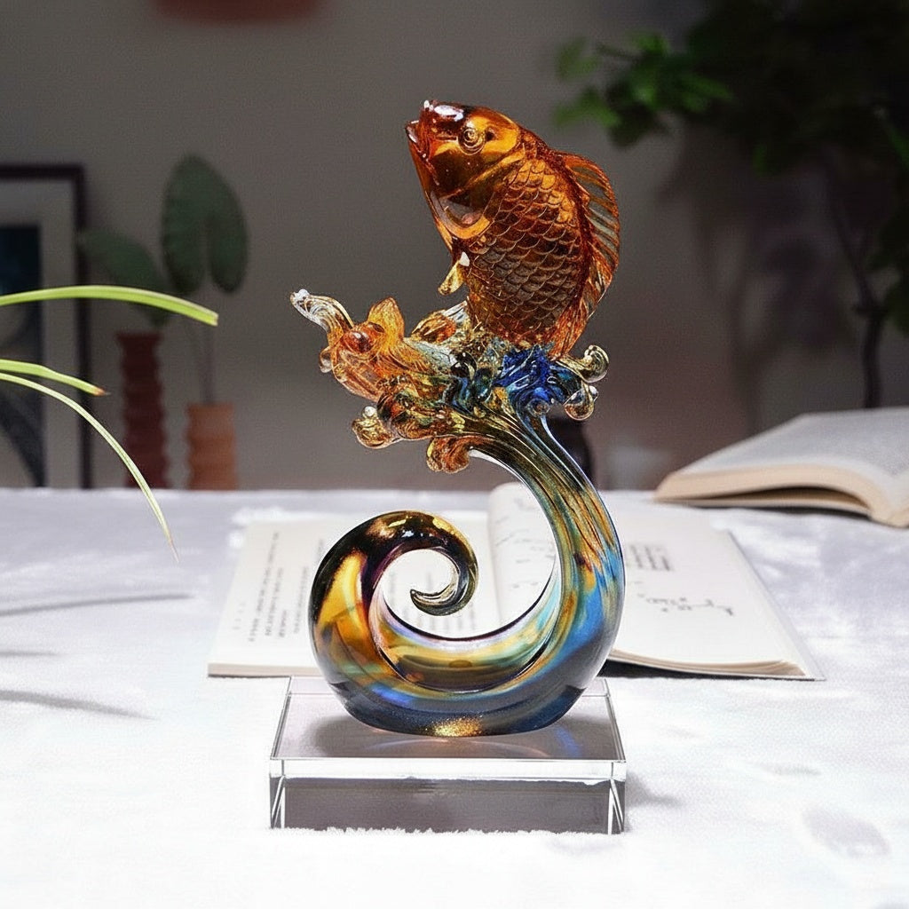 Amber and blue art glass koi fish sculpture on clear base