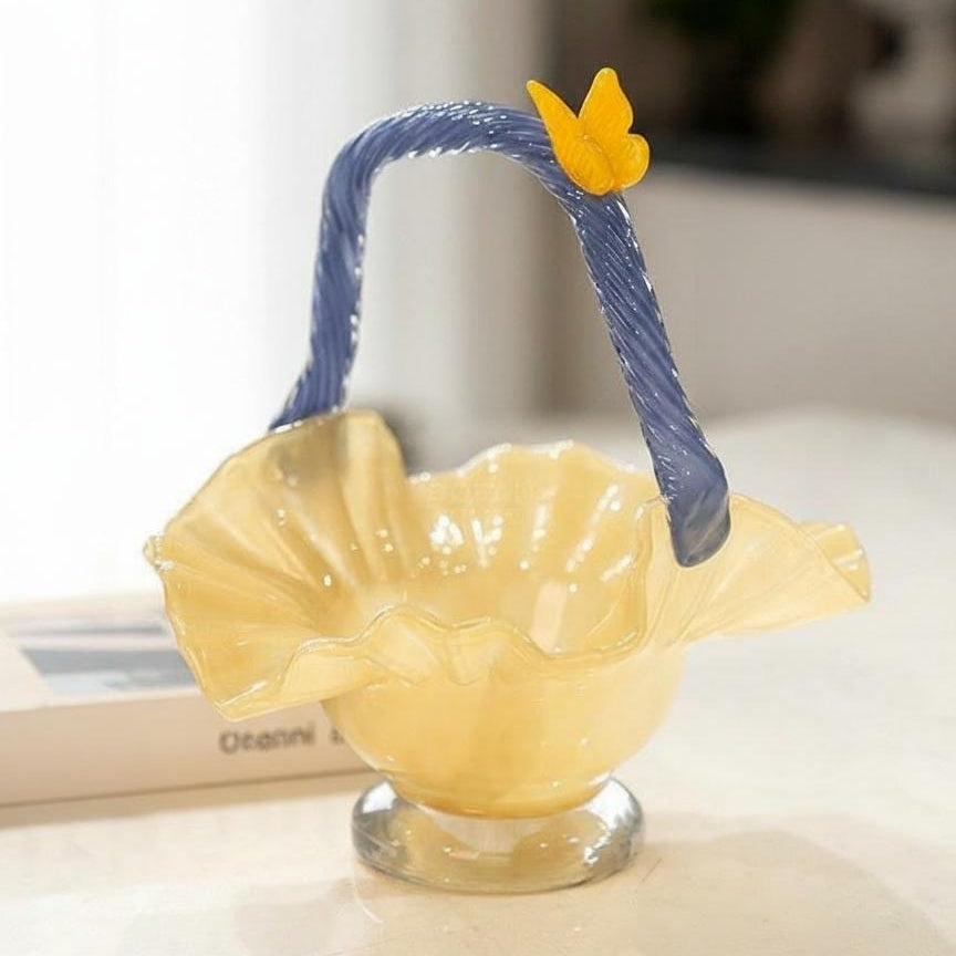Empty amber glass ruffled basket showing scalloped edges