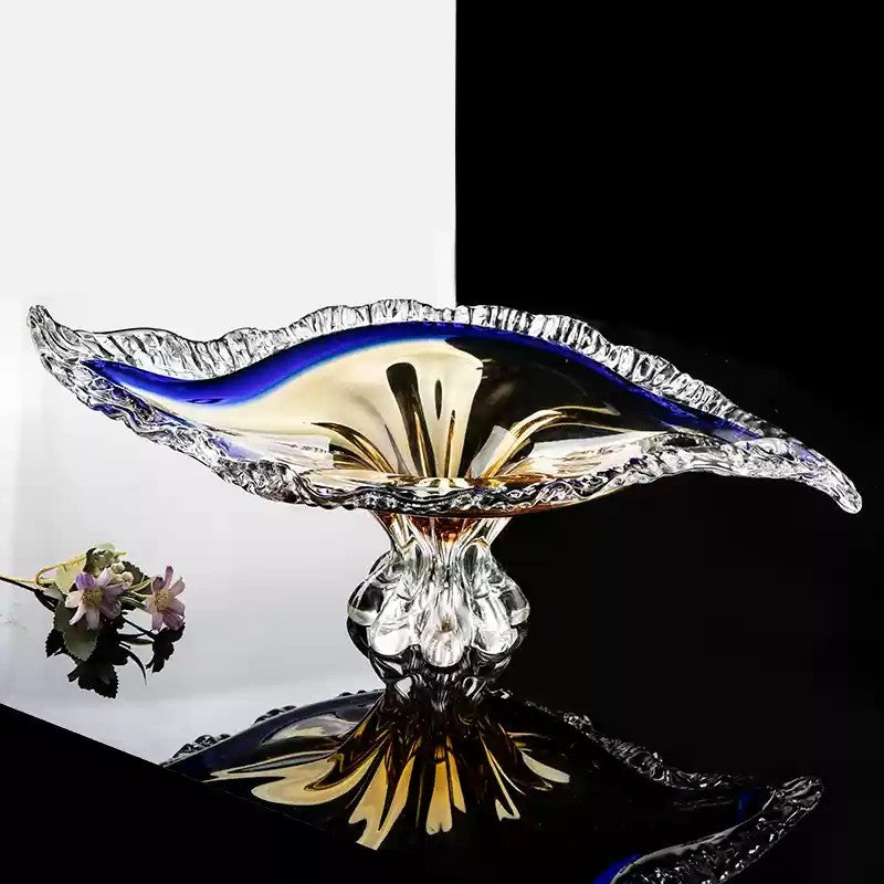 Main front view of the amber and blue art glass wave centerpiece bowl