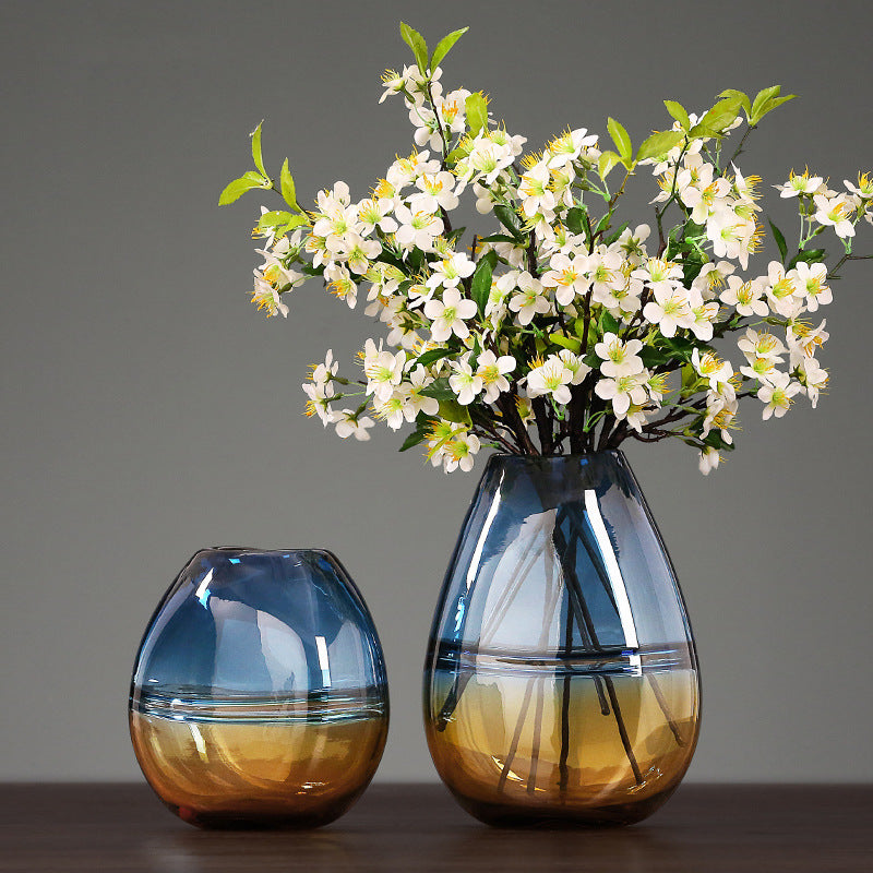 Tall and short two-tone glass vases with cherry blossoms