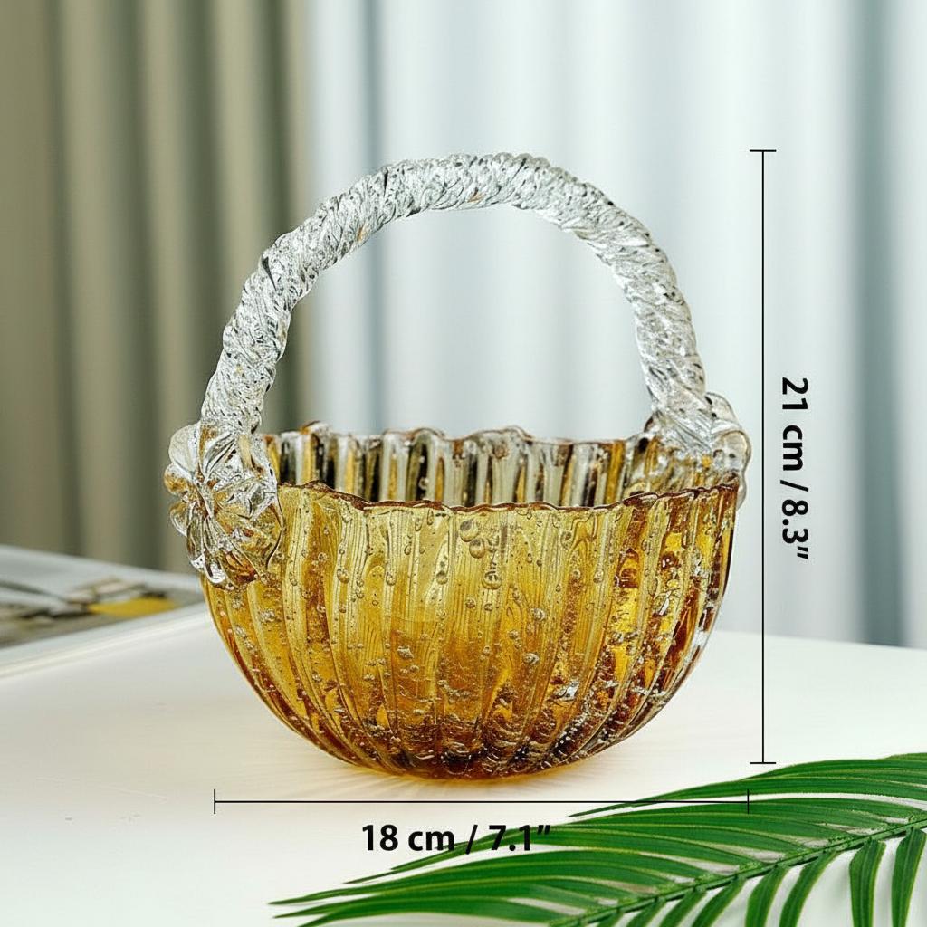Side view of amber glass ribbed basket with handle on white table