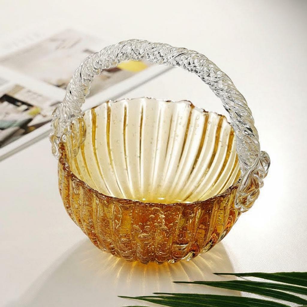 Angled view of empty amber glass basket showing interior depth