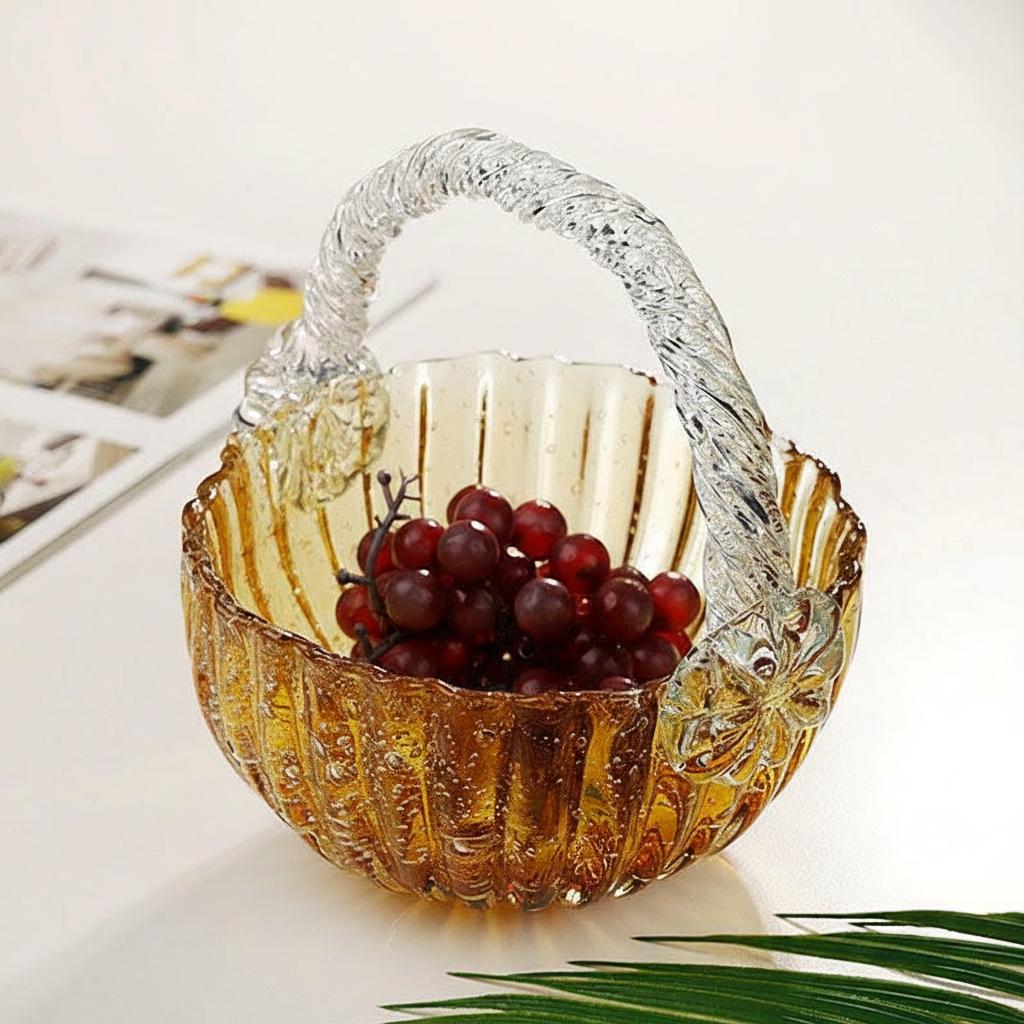 Lifestyle shot of amber glass basket filled with red grapes