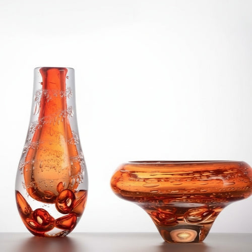 Amber bubble glass vase and bowl set