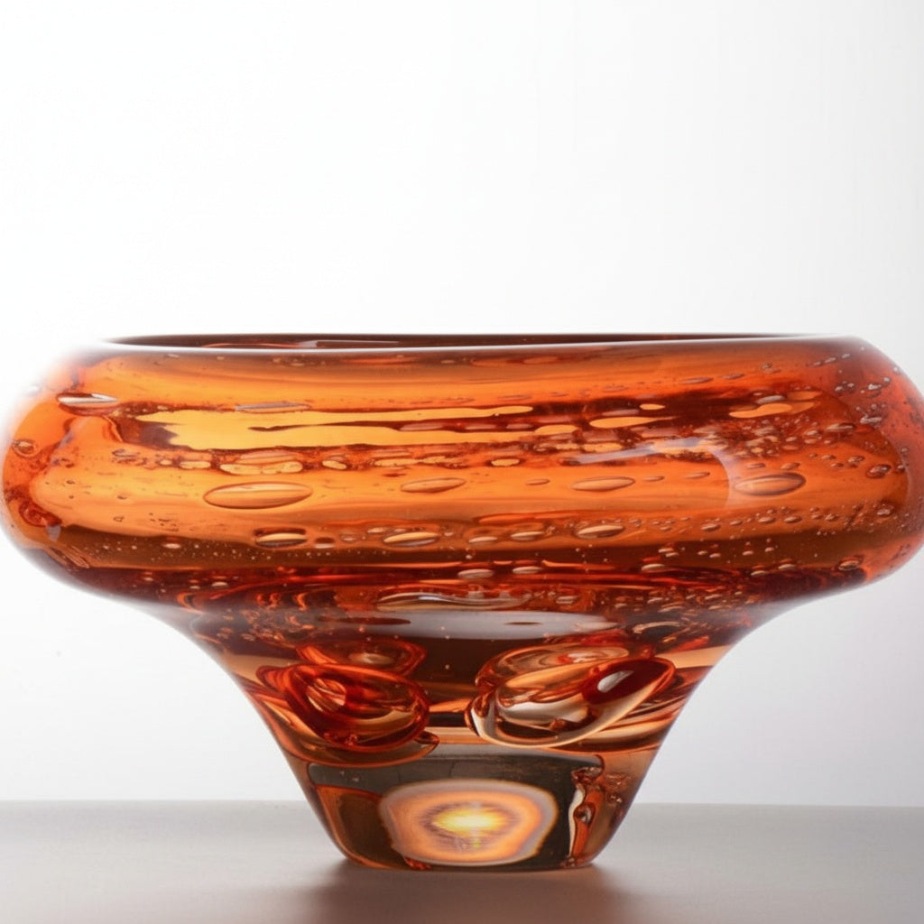 Amber bubble glass wide bowl side view
